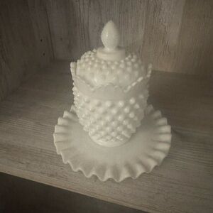 Vintage White Hobnail Milk Glass 3 Piece Jelly Jar and Saucer